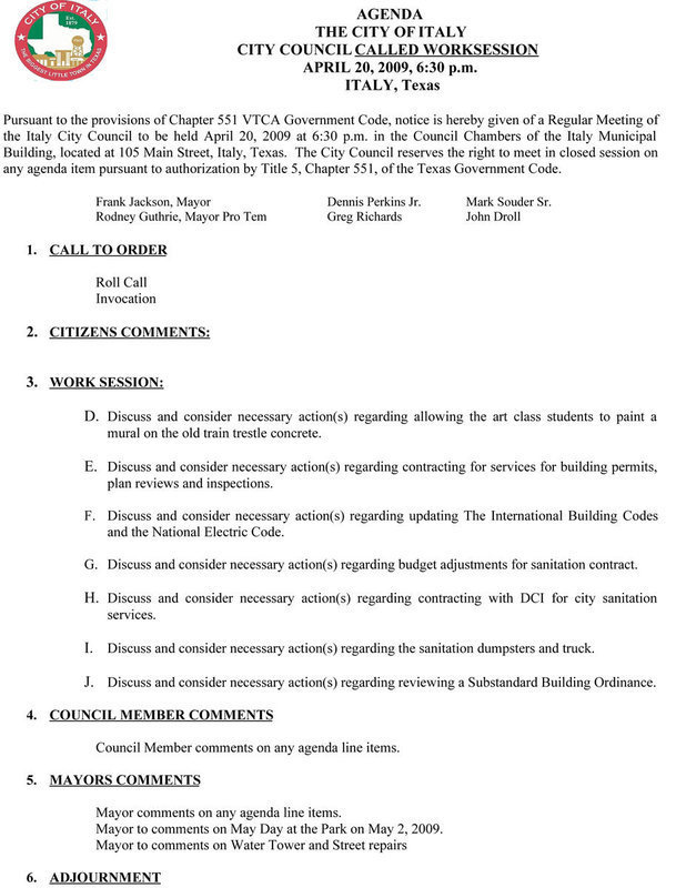 Image: Called City Council Meeting Agenda-April 20, 2009