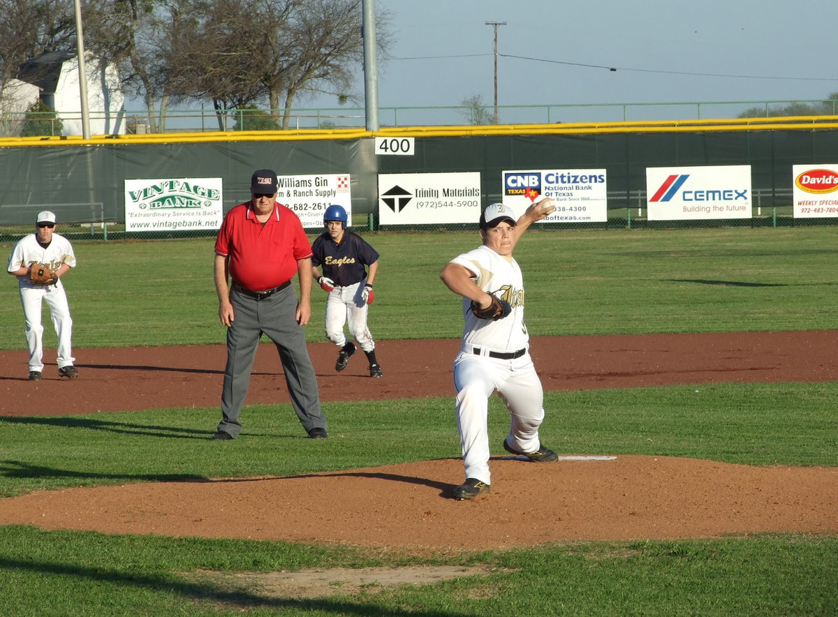 Image: Ethan Pitches — Man on second, lefty Ethan winds up and here we go!  The Gladiators played Waxahachie Advantage Wednesday night.  The winning score was 17-6, with Italy on top.