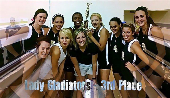 Image: The Italy Lady Gladiators hold their trophy high — The Italy Lady Gladiators finished 3rd in Dawson hosted volleyball tournament. Top row: Kaitlyn Rossa, Alyssa Richards, Brianna Burkhalter, Megan Richards, Anna Viers, Morgan Cockerham and Brianna Burkhalter. Front row: Bailey Bumpus, Sierra Harris and Coach Heather Richters.