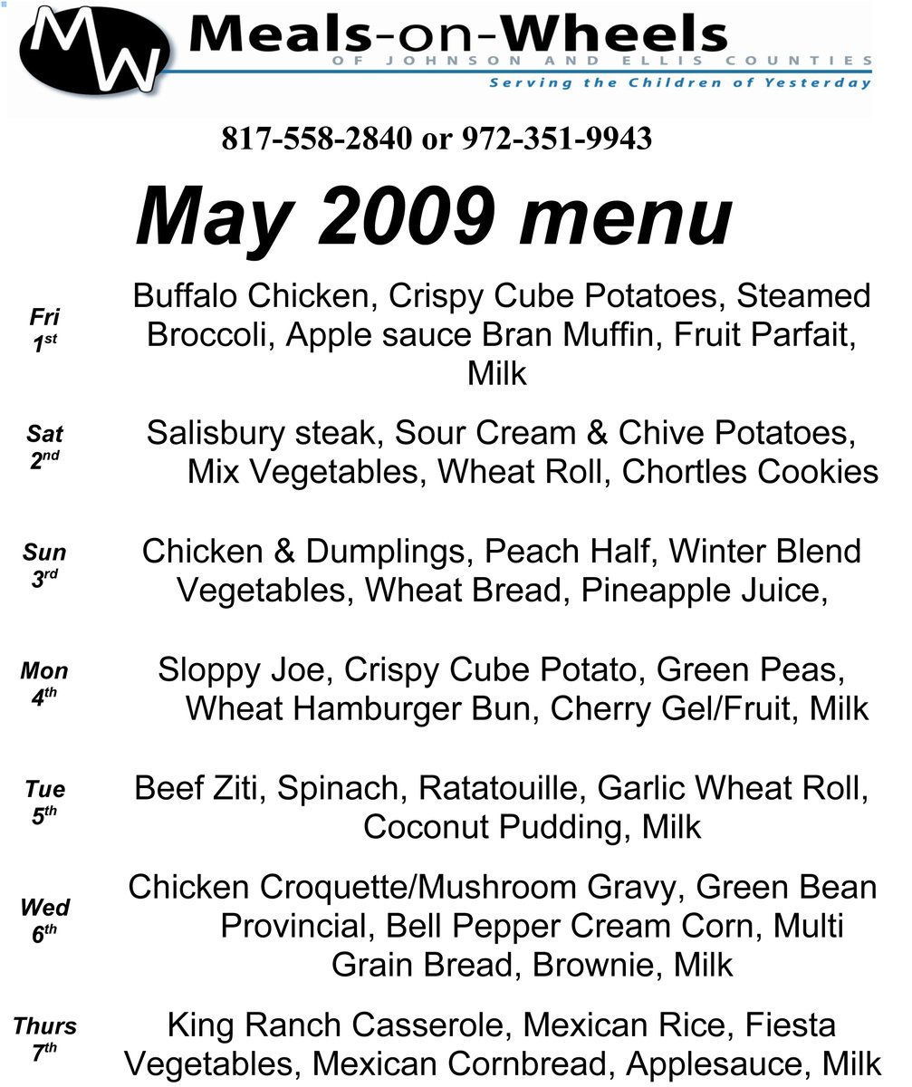 Image: May Meals-on-Wheels meal menu calendar