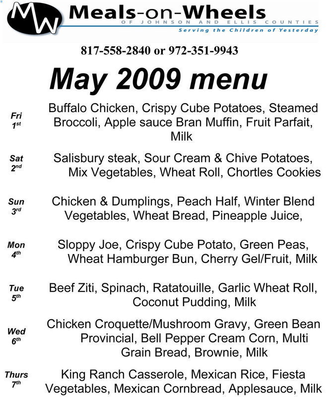 Image: May Meals-on-Wheels meal menu calendar