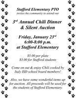 Image: Chili for All — The place to be January 23rd at 6:00 PM is Stafford Elementary for a wonderful chili dinner and Silent Auction.