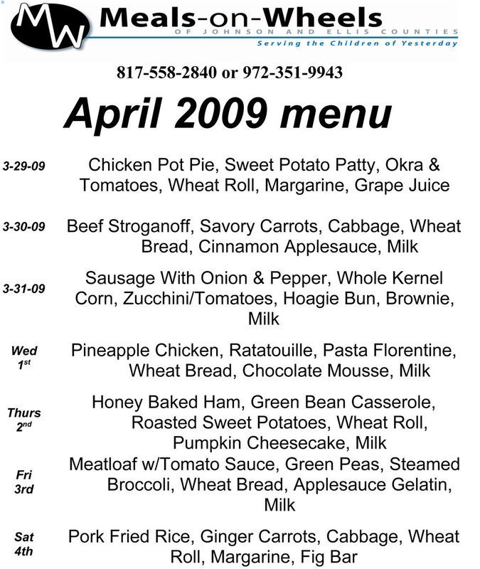 Image: Meals-on-Wheels April Meals Calendar
