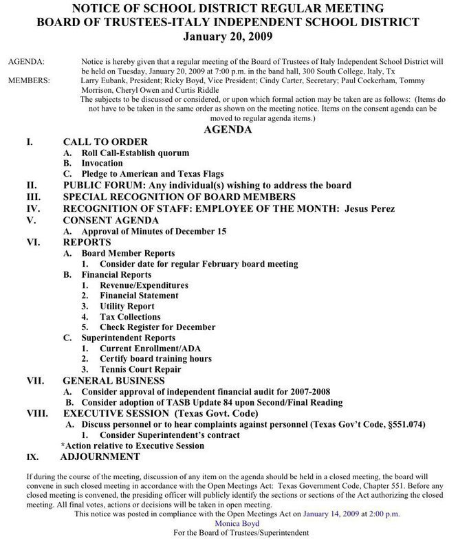 Image: Italy ISD Agenda — Agenda for Italy ISD Board of Trustees meeting for Tuesday, January 20, 2009.