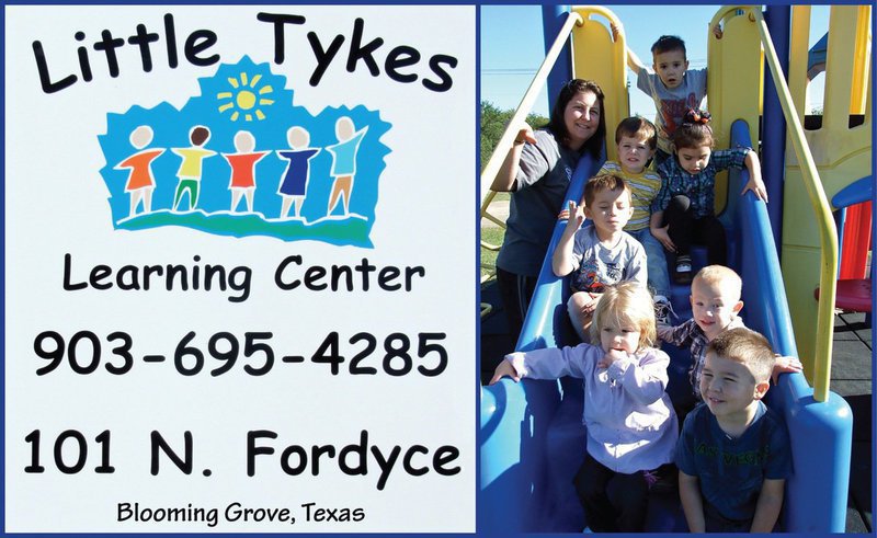 Image: Little Tykes Learning Center in Blooming Grove is accepting enrollments — Little Tykes Learning Center, located in Blooming Grove is professionally staffed with teachers certified in CPR. Hours of operation are M-F 6:30 a.m. to 6:00 p.m. Contact Little Tykes today to arrange quality and caring day care for your little tyke: 903-695-4285.