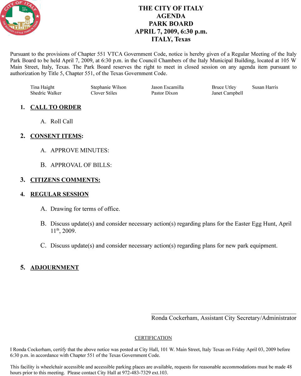 Image: Park Board Meeting Agenda, April 7, 2009