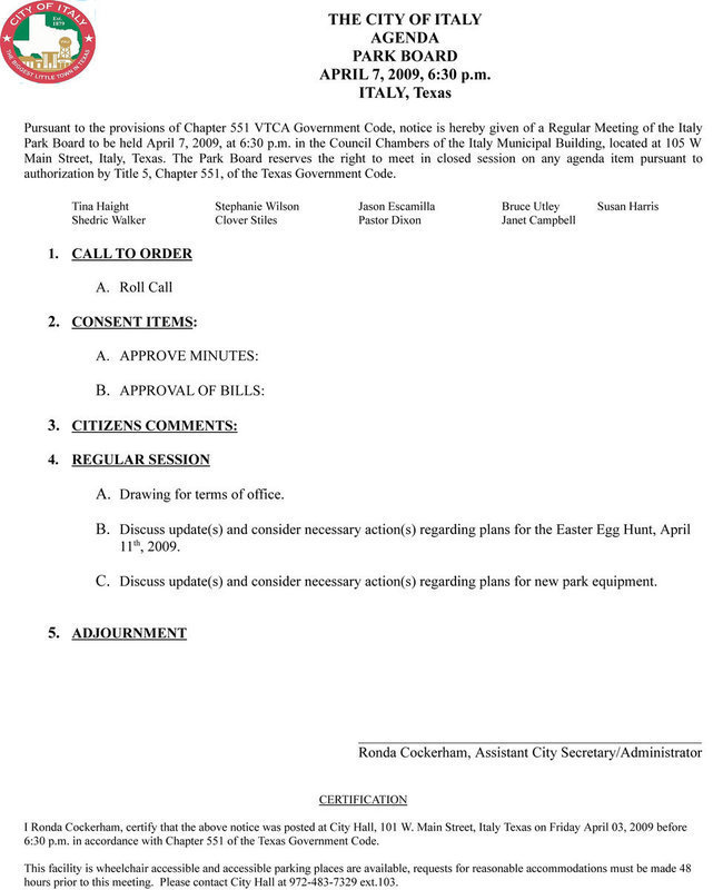 Image: Park Board Meeting Agenda, April 7, 2009