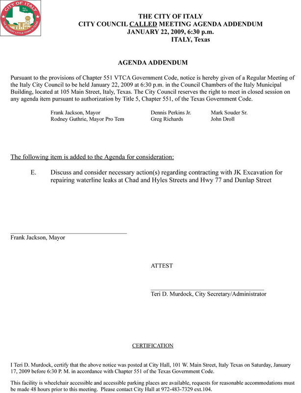 Image: Addendum to the agenda for the Italy City Council meeting for Thursday, January 22, 2009 at 6:30 p.m.