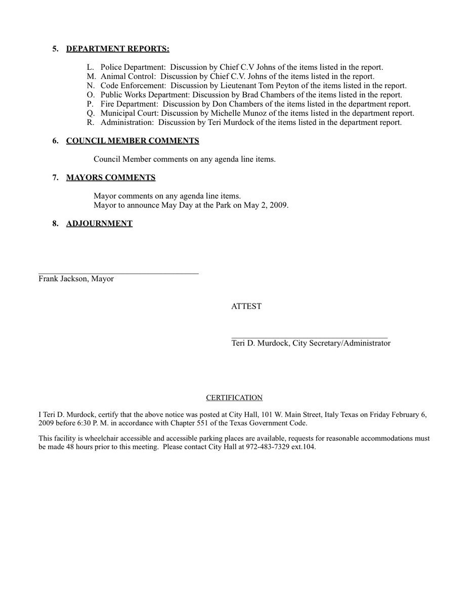 Image: Agenda page 2 — Page 2 of the Italy City Council meeting agenda for Monday the 9th.