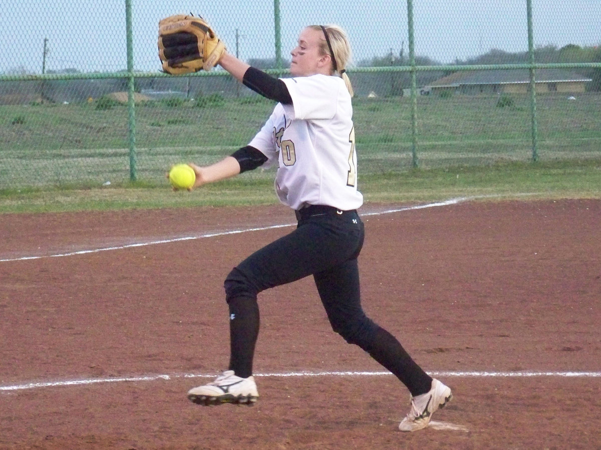 Image: In the circle —  Junior, Courtney Westbrook zips one in to a Waco Connally batter.