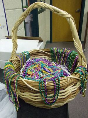 Image: Basket of Beads — Every student that came into the library received some Mardi Gras Beads.