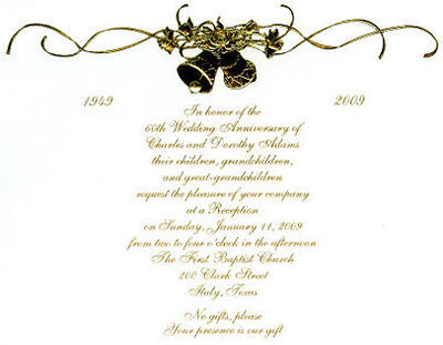 Image: 60th Wedding Anniversary Invitation — Come and celebrate with Charles and Dorothy at the First Baptist Church at 2:00 PM at 200 Clark Street, Italy, Texas.
