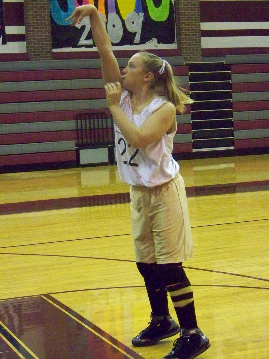 Image: The Right form-ula — Jaclynn Lewis has been working overtime with Coach Byers on her shooting touch. Lewis found the right formula Saturday knocking down 15-points including two, long-range, buzzer beaters. The Ref said, “Not in time” on the first shot, but the second attempt, a 3-pointer, counted!