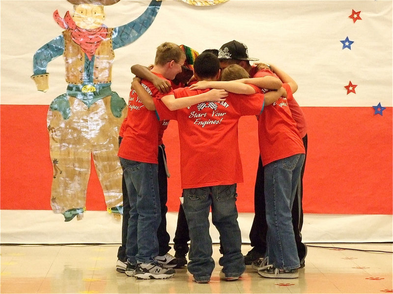 Image: We’re ready! — The 6th grade boys do a spirit chant to help encourage the 5th graders to “Be Exemplary” during the TAKS tests.