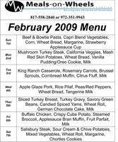 Image: February Meals-on-Wheels meal menu calendar