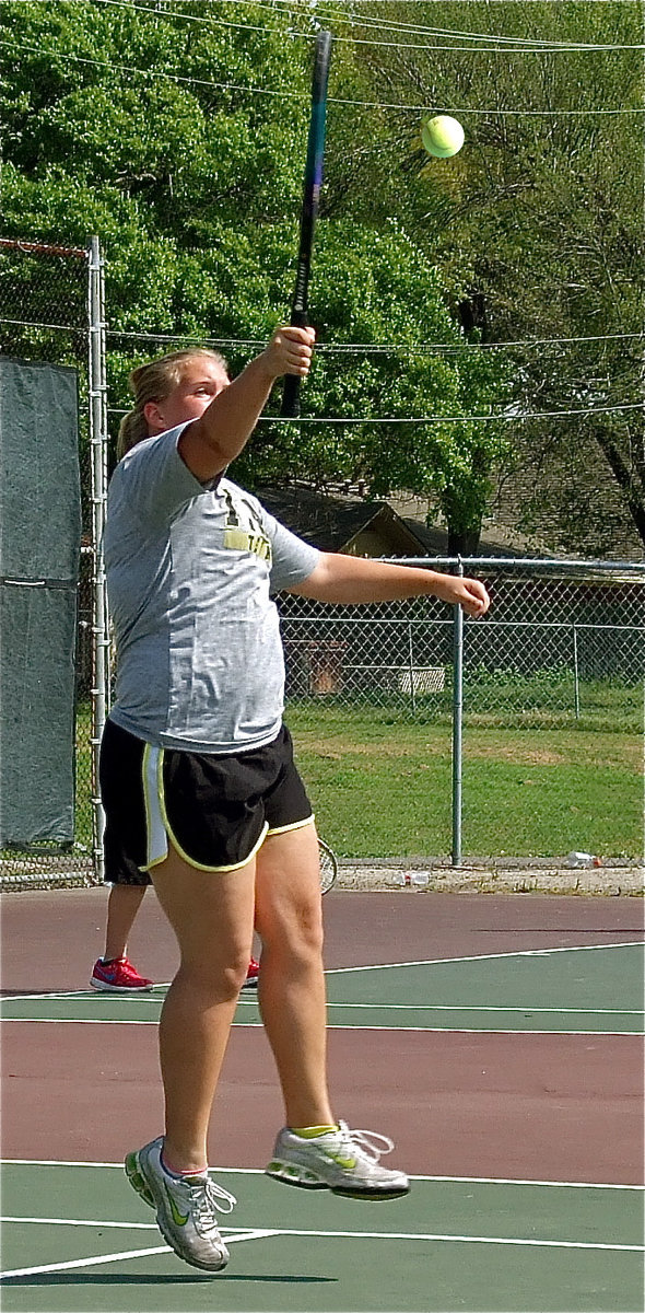 Image: On the rise — Drenda “Air” Burk made play after play in Corsicana. Burk, along with Jessica Garcia, competed in the JV Championship match.