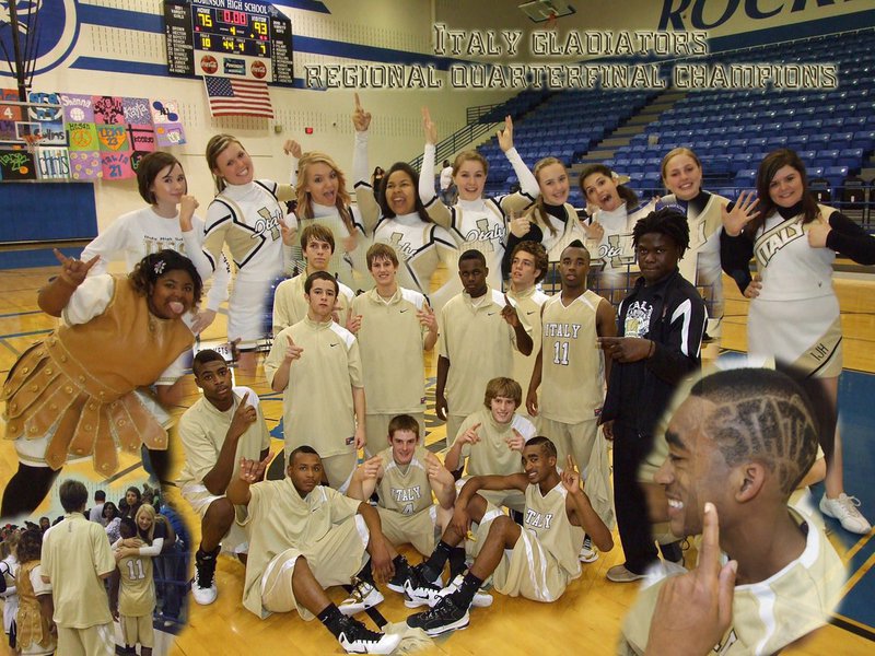 Image: Italy celebrates Regional Quarterfinal Championship — The Italy Gladiators and their cheerleaders overcome eleven three-point makes by an extremely athletic Hearne Eagles squad to claim the Region II-AA Regional Quarterfinal Championship, 93-75.