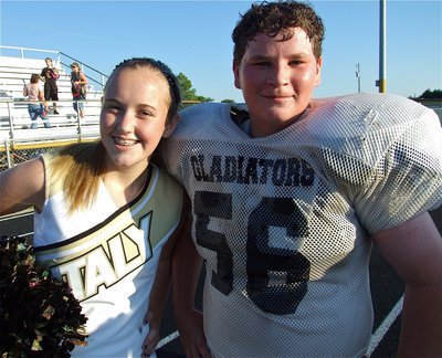 Image: Italy Gladiators — Kelsey Nelson and John Byers celebrate a solid outing by the Italy Junior High Cheerleaders and players.
