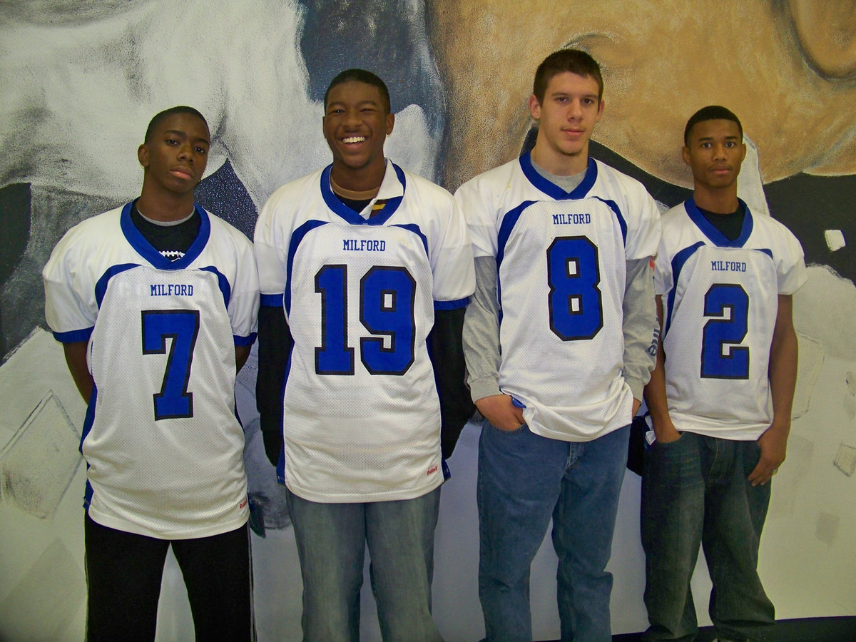 Image: All District 1st Team Defense — Jamaar Davis #7, De’Marcus McGruder #19, Blue Myer #8, Derek Williamson #2.