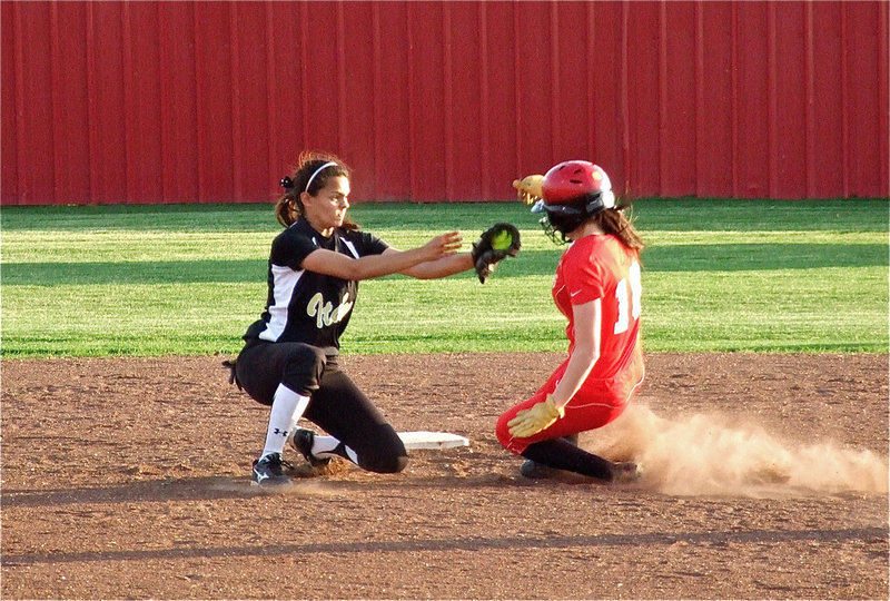 Image: What a play! Italy’s shortstop Anna Viers gets the out at second — Lady Gladiator shortstop, Anna Viers, covers second base, snags the throw from catcher, Alyssa Richards, and tags a Maypearl runner for an out. Italy started strong but the Maypearl Lady Panthers eventually built a 10-0 win.
