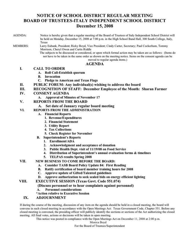 Image: Italy ISD Agenda — Agenda for Italy ISD Board of Trustees meeting for Monday, December 13, 2008.
