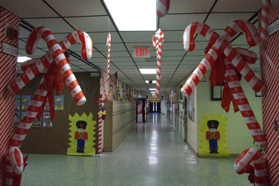 Image: “Candy Cane Lane” — The junction of Christmas Tree Blvd and Candy Cane Lane is near the cafeteria.