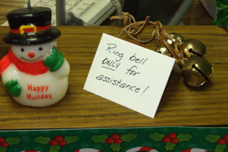 Image: Ring bell for assistance — If you need help in the library, Mrs. Farmer will be happy to assist.