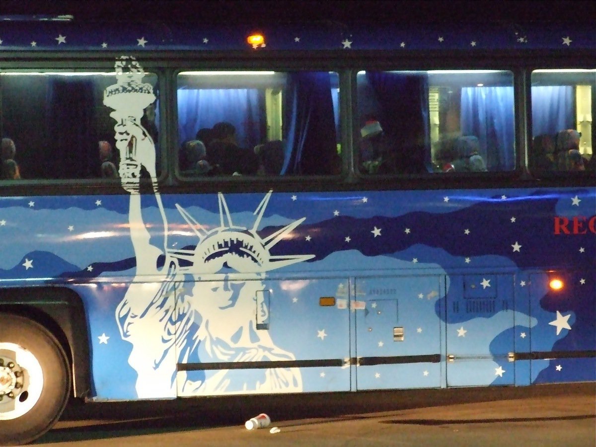 Image: Smuggler uses Patriotic disguise to transport drugs down Hwy. 35 — A drug smuggler was arrested aboard this cleverly disguised bus operated by Autobus Regiomontanos, Int. The suspect hoped he could evade authorities by hiding behind our patriotic colors.