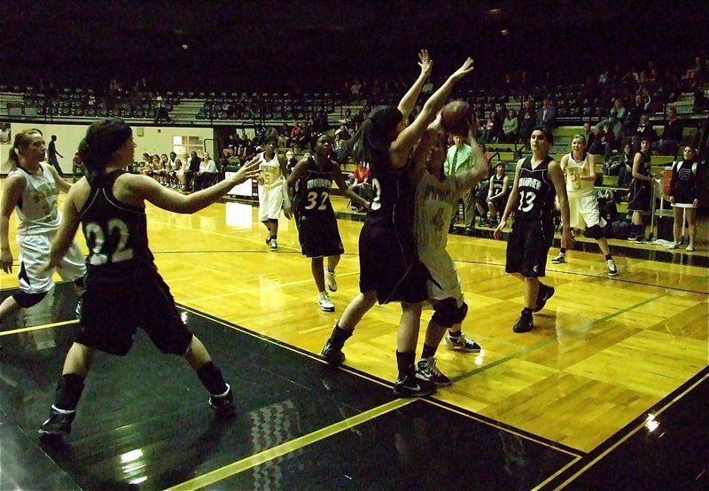 Image: Finding a way — Senior Lady Gladiator Shelbi Gilley(4) puts up a shot despite being shadowed by a Lady Zebra defender.