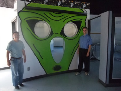 Image: Don’t Be Scared — It is only Andy and Andrew standing by the alien inside Starship Pegasus.