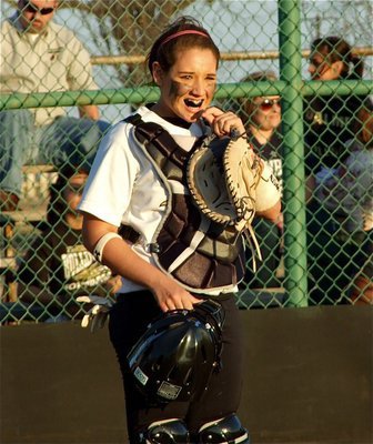 Image: She’s back! — Lady Gladiator catcher Alyssa Richards gears up for the season opener against Palmer.
