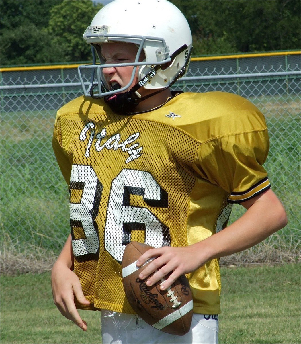 Image: Snarling — Cody Boyd had his game face ready but the scrimmage against Palmer was cancelled after a hard rain.