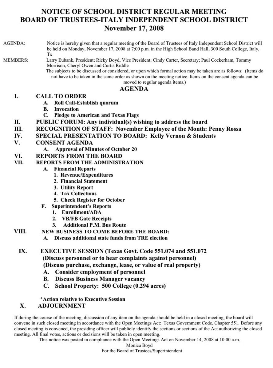 Image: Italy ISD Agenda — Italy ISD Agenda for a regular school board meeting on Monday, November 17, 2008 at 7 p.m.