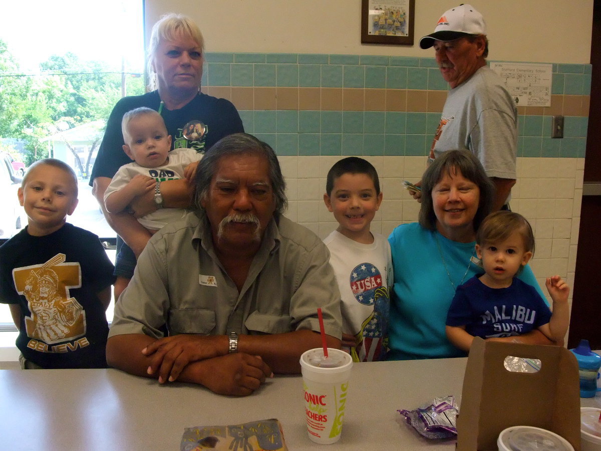 Image: The Gang’s All Here — Jake Hamby, Rita Garza, Leo Garza, Eli McKee, Jan McKee and Oscar Harms all celebrating Grandparents Day at Stafford.