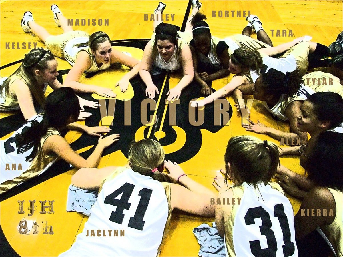 Image: Victory starts here — Italy’s 8th Grade Junior High Girls form a victory circle atop the Gladiator head located at center court inside Italy Coliseum after a big win over Rio Vista, 35-20.