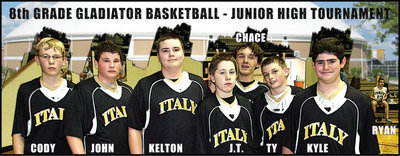 Image: Rising stars — The 2011 8th Grade Gladiators Basketball team are: Cody Boyd, John Byers, Kelton Bales, John Escamilla, Chace McGinnis, Ty Windham (7th grader), Kyle Fortenberry and Ryan Connor (7th grader) who was treating an injured ankle on the bench.