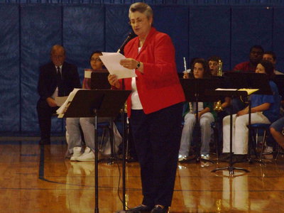 Image: Milford ISD Principal, Marilee Byrne — Mrs. Byrne reading the President’s Veterans Day Proclamation