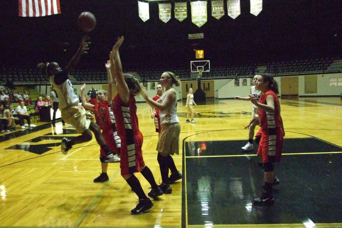 Image: High flyer — Kortnei Johnson displays her leaping ability to get the shot away.