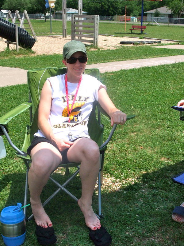 Image: Amy McClusky — Amy McClusky (first grade teacher) is enjoying watching the students have water fun.