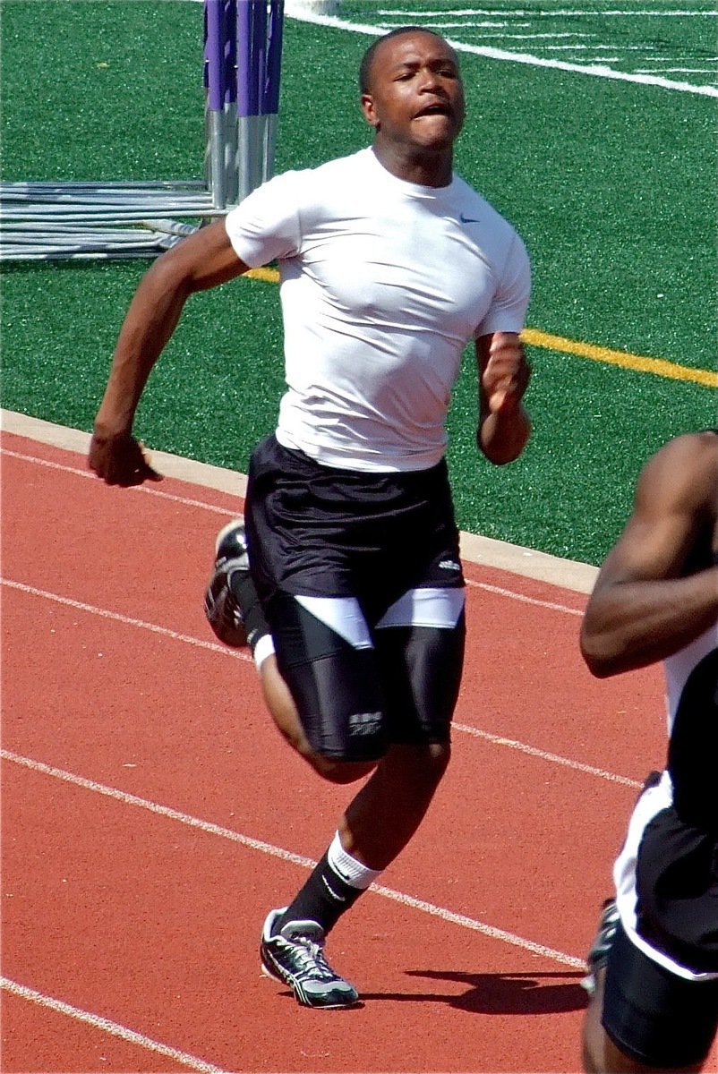 Image: It’s our day! — After delaying out of the blocks due to what seemed to be a false start, De’Andre Sephus realized the race was continuing and turned on the speed to claim 4th Place and advance to Regionals. Coach Stephen Coleman stated after the misfire, “It’s just our day!”