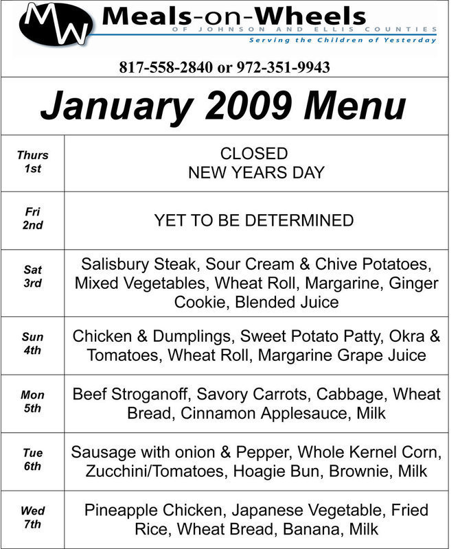 Image: January Meals-on-Wheels meal menu calendar