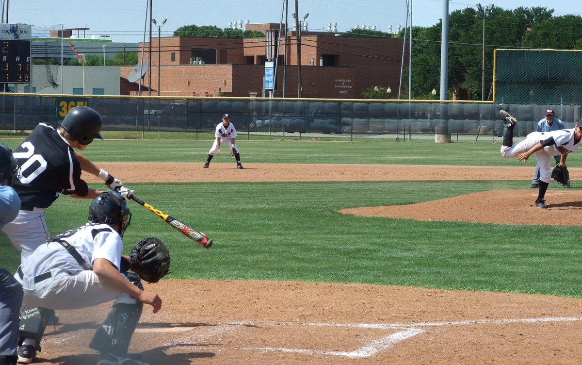 Image: Check it out — Colten Campbell cracks this one to the outfield.  (Look at the ball directly in front of the bat.)