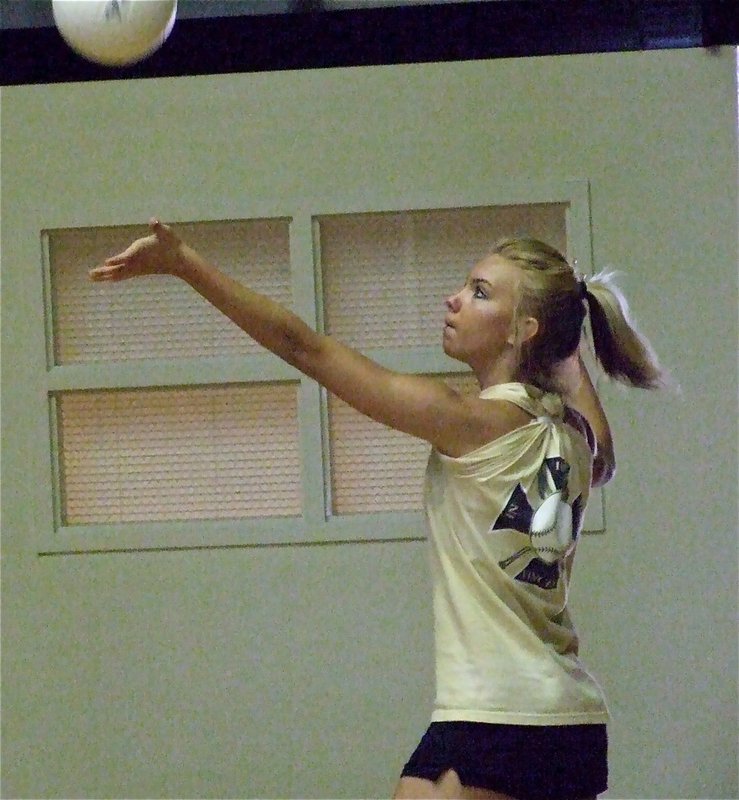 Image: Sierra serves — Sierra Harris blasts an overhand serve over the net.