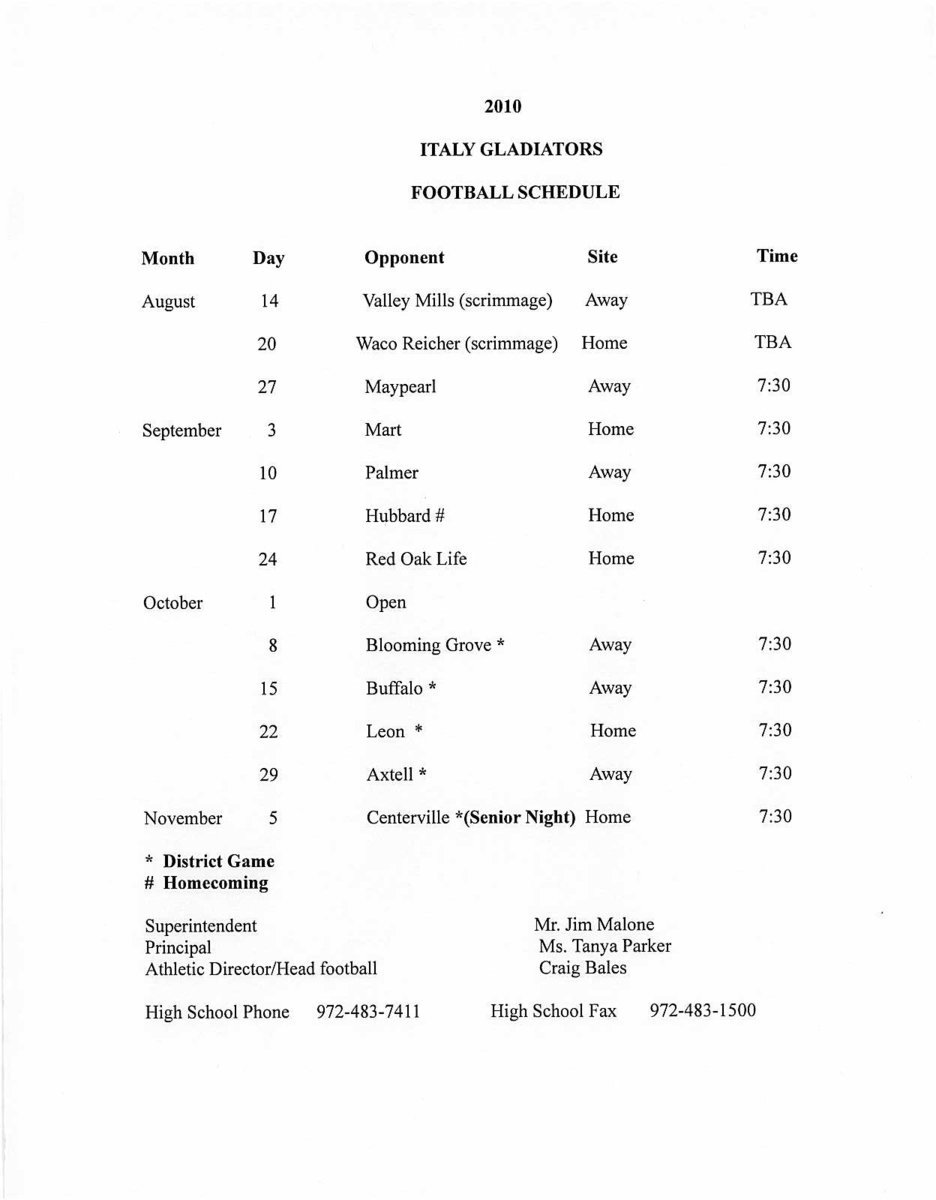 Image: Italy Varsity Football Schedule – 2010