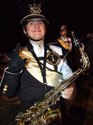 Image: Kyle on the sax — Kyle Fortenberry let’s Buffalo fans know who’s #1.