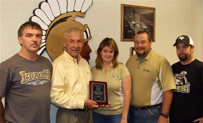 Image: Thank you Italy ISD — Italy ISD Superintendent Jimmy Malone, Principal Tanya Parker and Athletic Director Craig Bales graciously accept their appreciation plaque from IYAA President Gary Wood and IYAA Vice President Barry Byers.