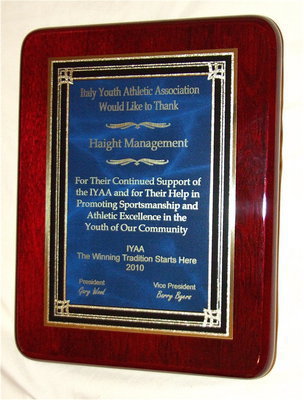 Image: Appreciation plaque — A closer view of the appreciation plaques the IYAA presented sponsors during the month of October. This plaque was given to Tina and Marty Haight of Haight Construction Management Services.