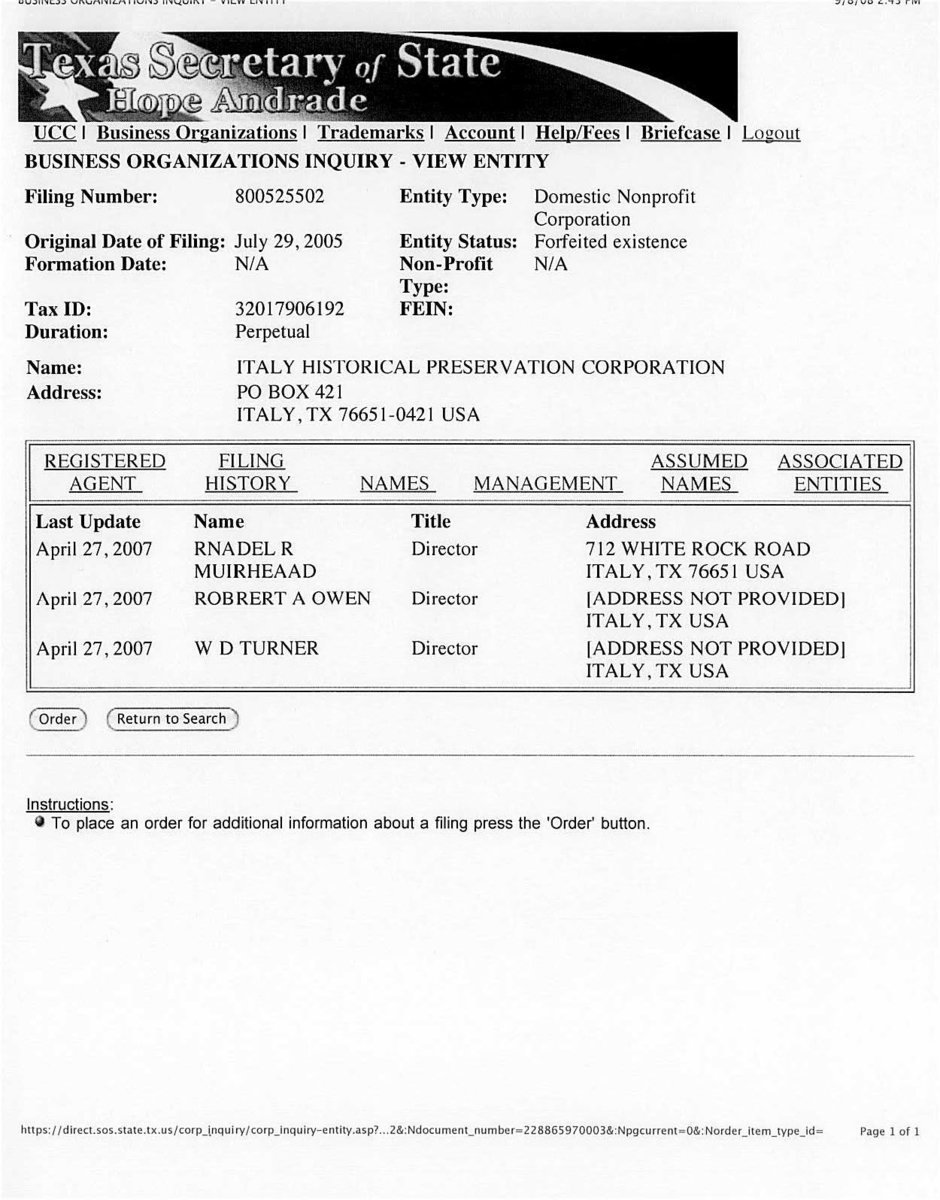 Image: Historical commission record — The Italy Historical Preservation Commission record on the Texas Secretary of State website shows the current status of Forfeited existence but does not state it in their document history. It does show the initial filing on April 27, 2007.