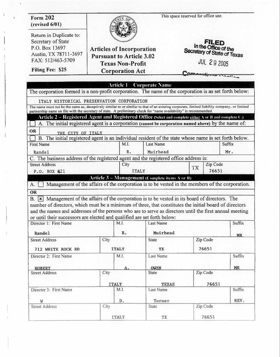 Image: Historical commission application — The original application, dated July 29, 2005, to incorporate the historical commission.