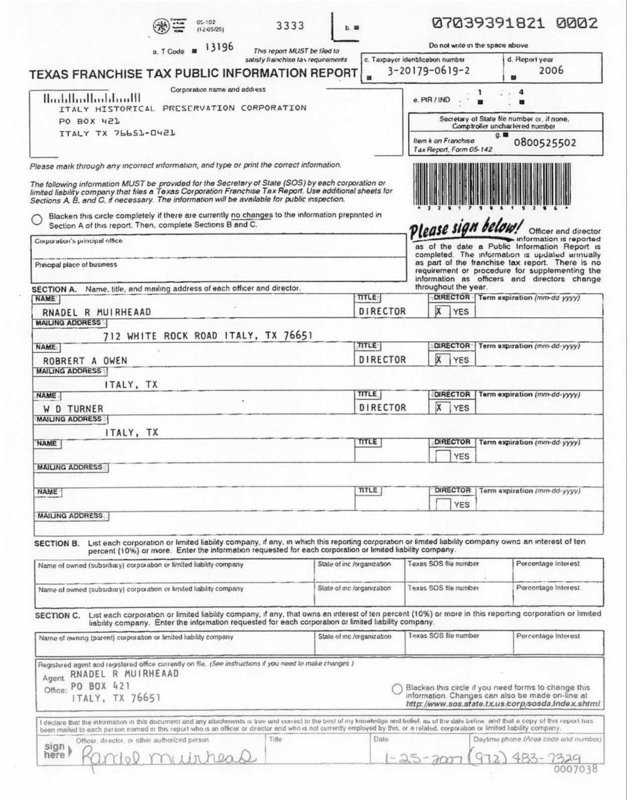 Image: Franchise tax application — Franchise tax application for the historical commission.